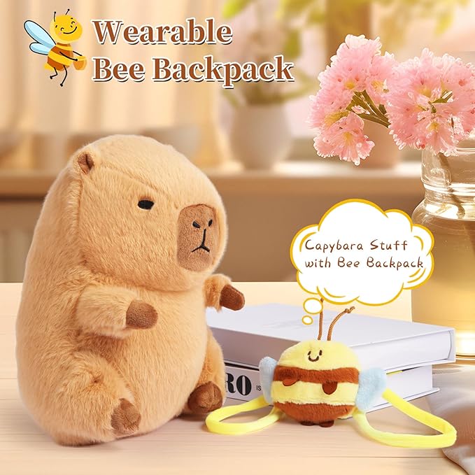 Linda almohada de felpa suave de Capybara de Capybara con mochila de abeja, Aniamls rellenos para niñas, niños y adultos, cumpleaños, regalo de San Valentín, 12 pulgadas