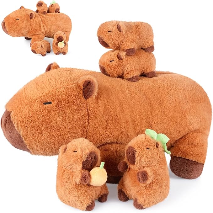 Peluches Capybara 5 en 1 con bebés en el interior, juego de 5 piezas de peluche con mamá y 4 bebés, bonitos regalos para niñas de 3 a 8 años, juguetes de juego imaginativos