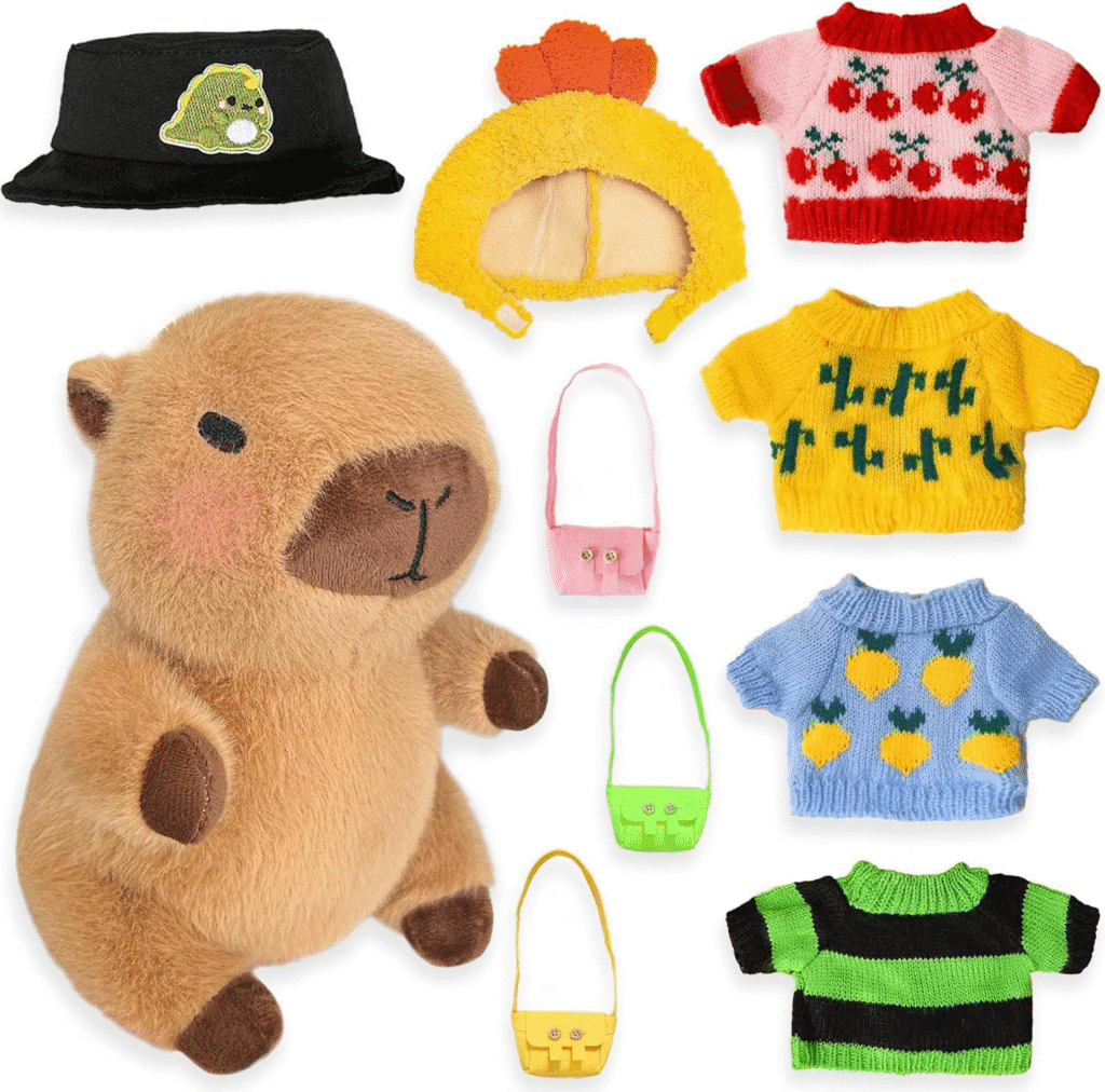 Kireidane Capybara - Peluche con 9 piezas de ropa y accesorios