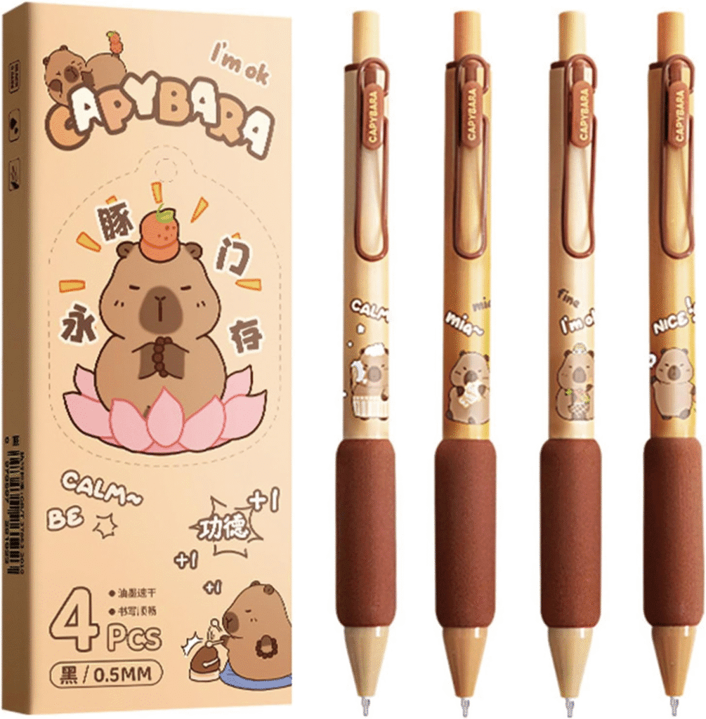 4 bolígrafos capybara retráctiles de dibujos animados de 0.020 in de tinta negra con agarre suave