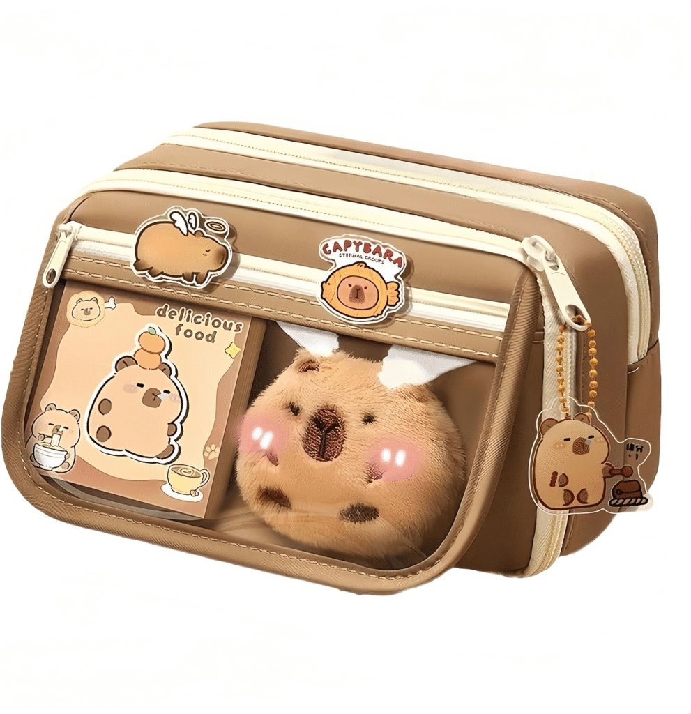 Kit de bolsa de maquillaje Kawaii Capybara, muñeca de felpa, 20 calcomanías, 2 broches, notas adhesivas+colgante