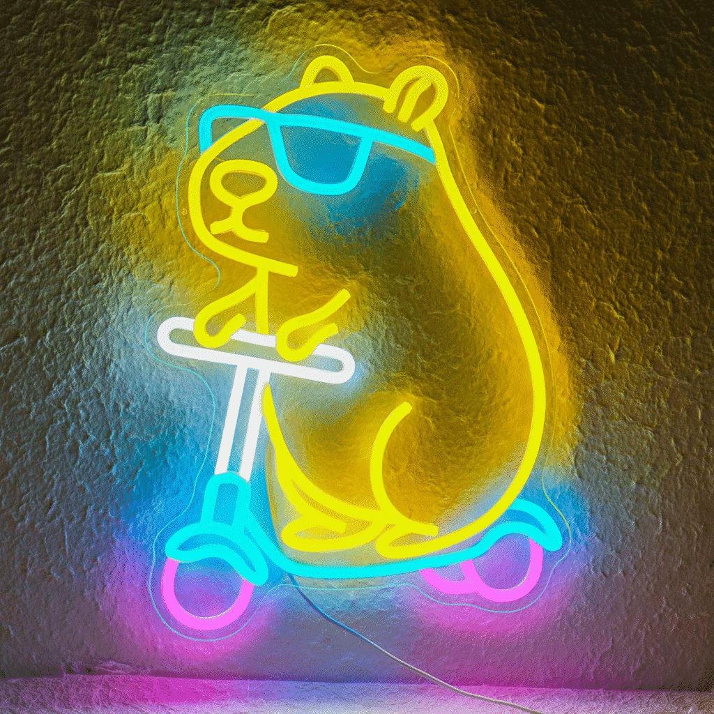 Letrero de neón de Capybara con gafas de neón con gafas para patineta, luces LED regulables para decoración de pared