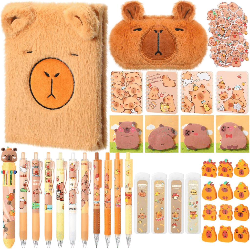 Capybara - Juego de 83 piezas de material escolar lindo incluye bolígrafo 10 en 1 de felpa