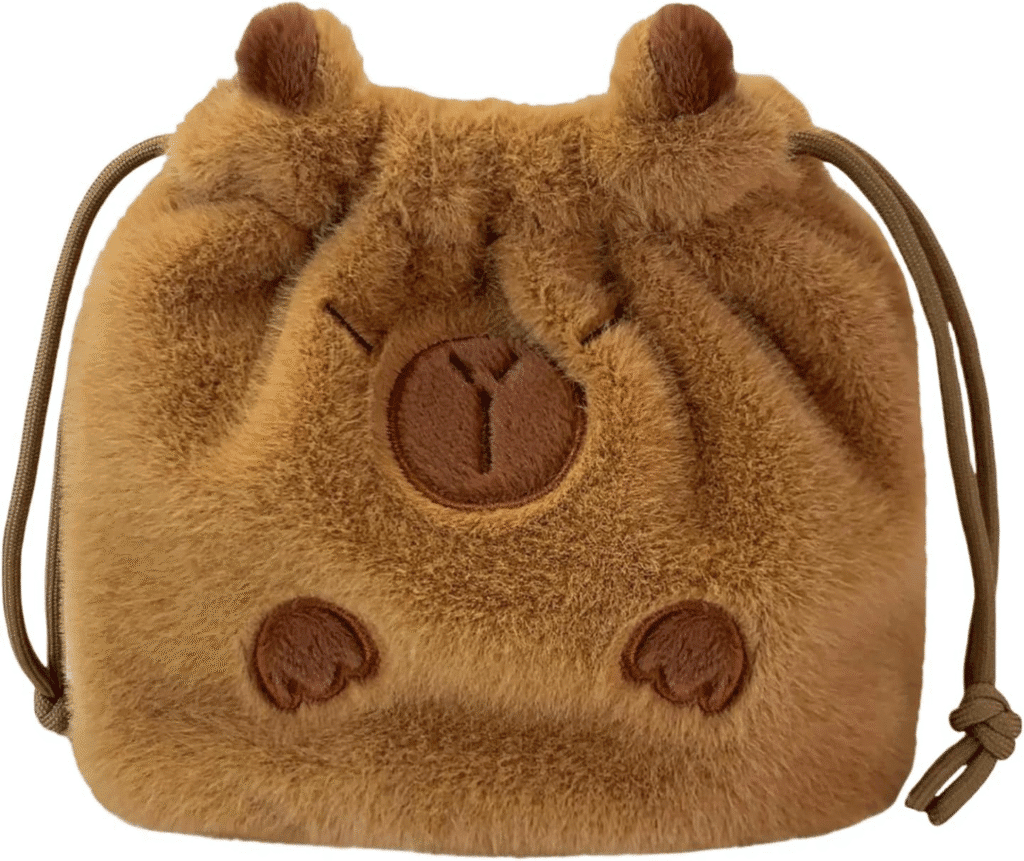 Bonita bolsa de maquillaje esponjosa Capybara con cordón y correas de hombro, pequeña bolsa de cosméticos de animales de peluche